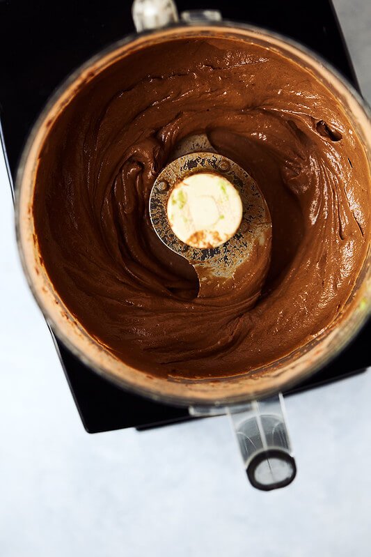 blending chocolate avocado mousse in food processor
